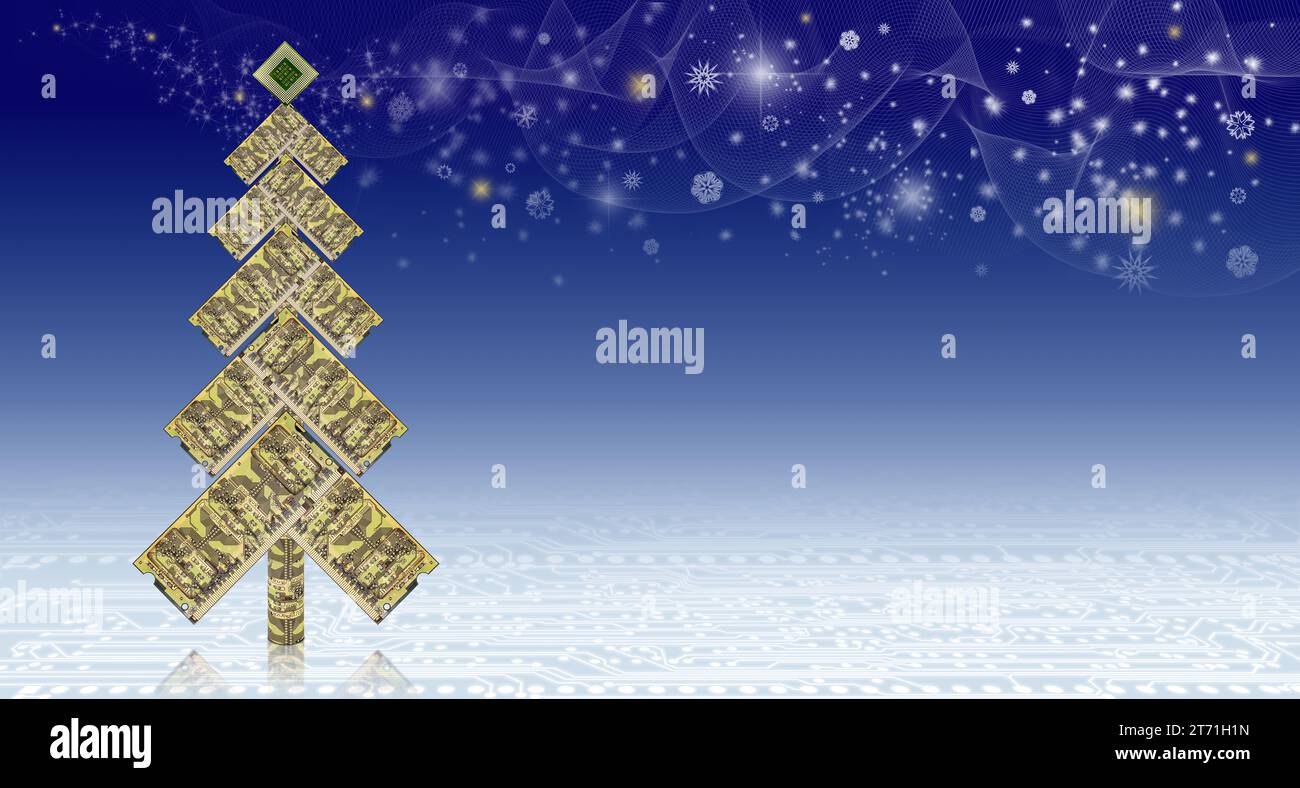 Concetto astratto di Natale e Capodanno con albero di Natale stilizzato realizzato con moduli di memoria, fiocchi di neve e stelle su delicato sfondo blu sfumato Foto Stock