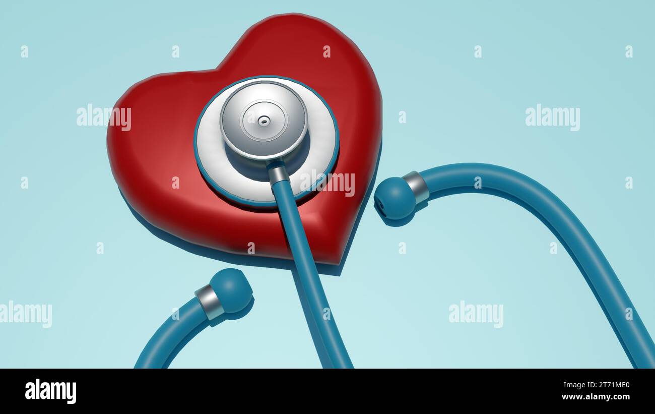 Un singolo stetoscopio e una forma a cuore rosso sono mostrati in un rendering 3D su uno sfondo isolato. Foto Stock
