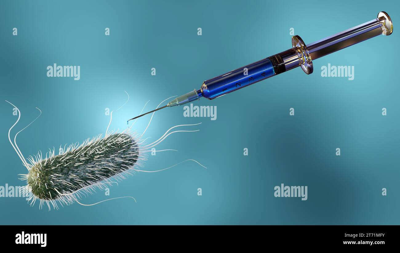 Siringa medicale iniettante E. coli per la ricerca di ingegneria genetica rendering 3d. Foto Stock
