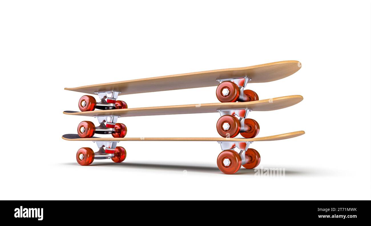 3 skateboard sovrapposti su sfondo bianco. rendering 3d. Foto Stock