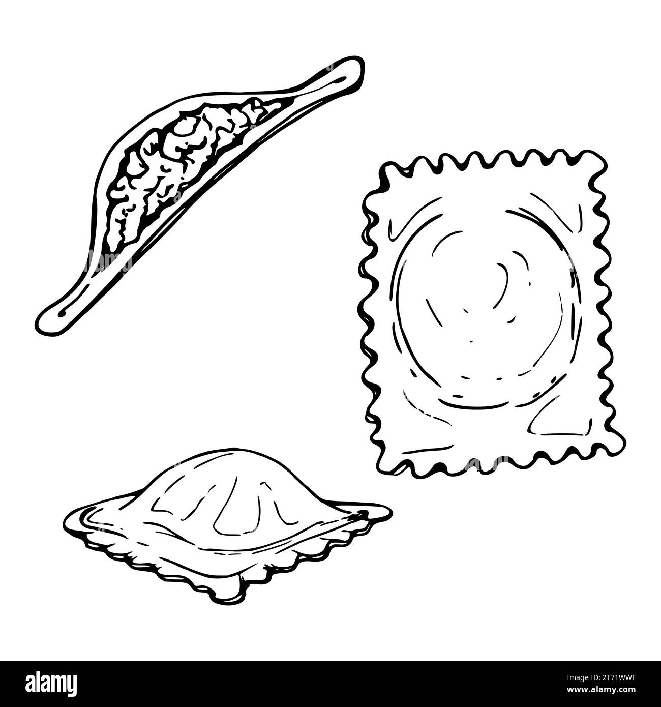 Illustrazione a inchiostro vettoriale disegnata a mano. Piatto wonton ravioli pelmeni pierogi vareniki gyoza manti. Set di elementi oggetto singoli isolati su bianco. Per Illustrazione Vettoriale