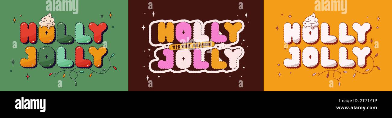Set di poster natalizi con testo Holly Jolly. Sfondo tricolore. Illustrazione Vettoriale