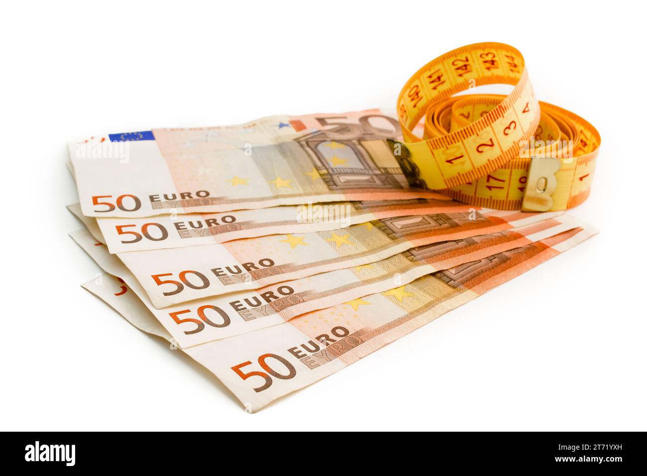 dettaglio delle banconote in euro usate e nastro di misurazione su fondo bianco; dettaglio delle banconote in euro usate e nastro di misurazione su fondo bianco Foto Stock