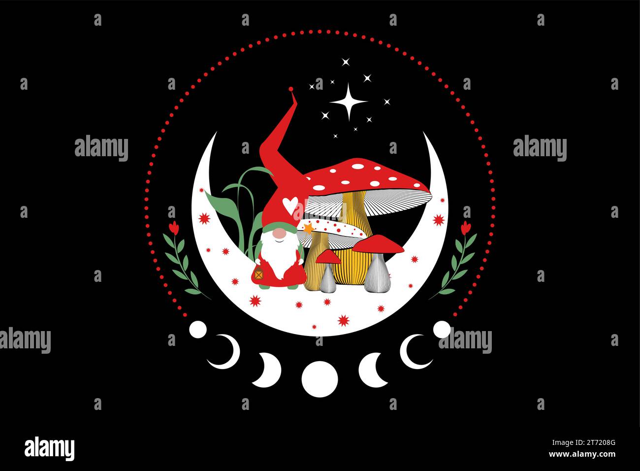 Magic Gnome nei mistici boschi di funghi sulla luna a mezzaluna e sulle stelle. Simbolo del concetto di Natale, fungo esoterico stregato e fasi lunari. Magica Illustrazione Vettoriale