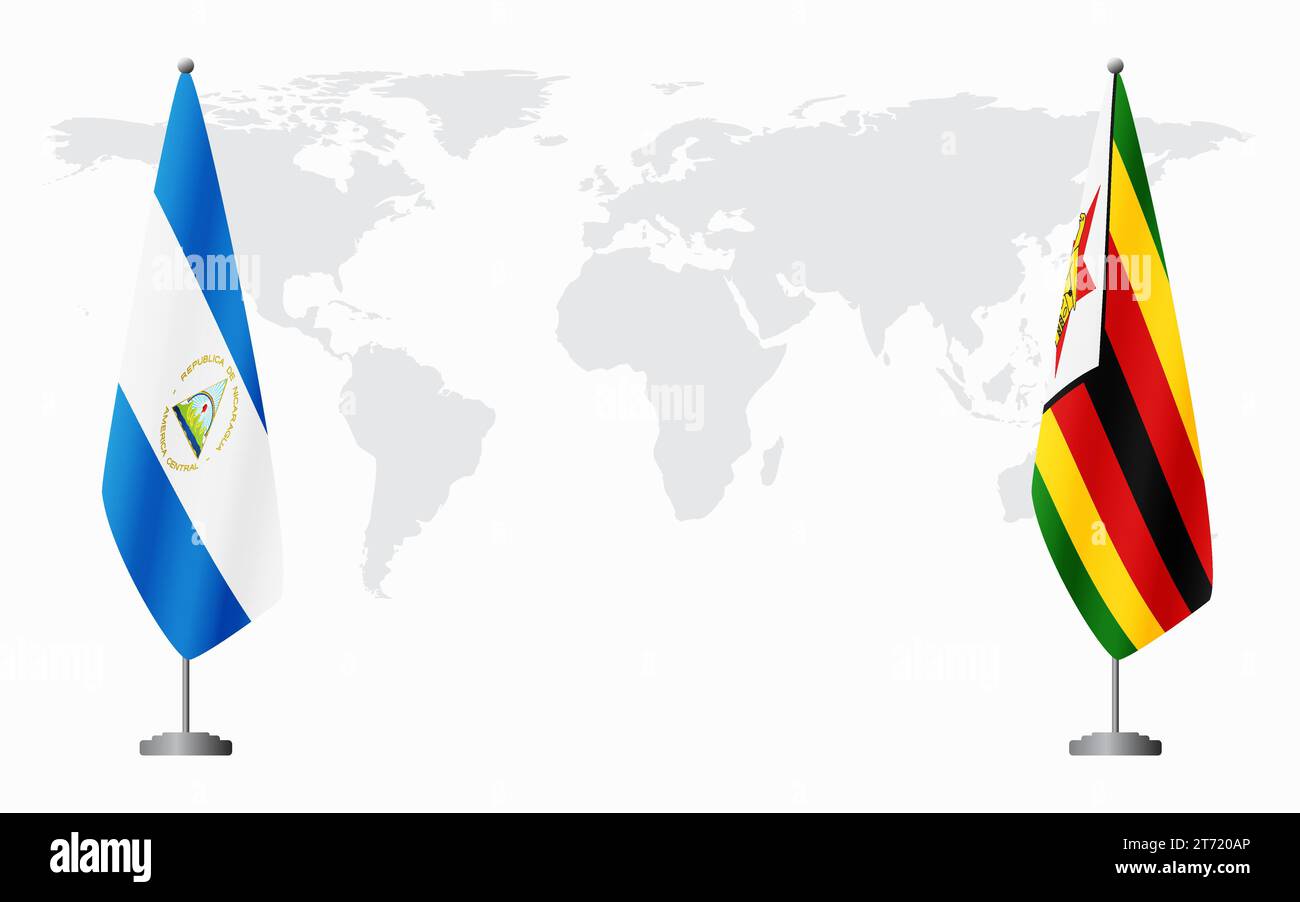 Nicaragua e Zimbabwe bandiere per un incontro ufficiale sullo sfondo della mappa mondiale. Illustrazione Vettoriale