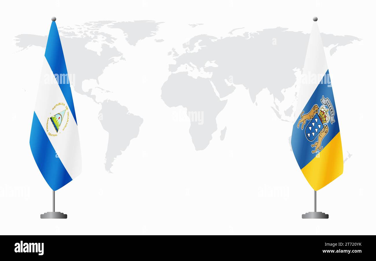 Il Nicaragua e le Isole Canarie bandiere per incontri ufficiali sullo sfondo della mappa mondiale. Illustrazione Vettoriale