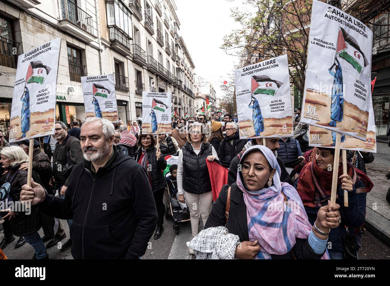 Madrid, Spagna. 11 novembre 2023. I manifestanti hanno dei cartelli che esprimono la loro opinione durante la manifestazione. Una massiccia manifestazione guidata dal Coordinatore di Stato delle associazioni in solidarietà con il Sahara (CEAS-Sahara) visita Madrid per chiedere l'autodeterminazione del Sahara. Credito: SOPA Images Limited/Alamy Live News Foto Stock