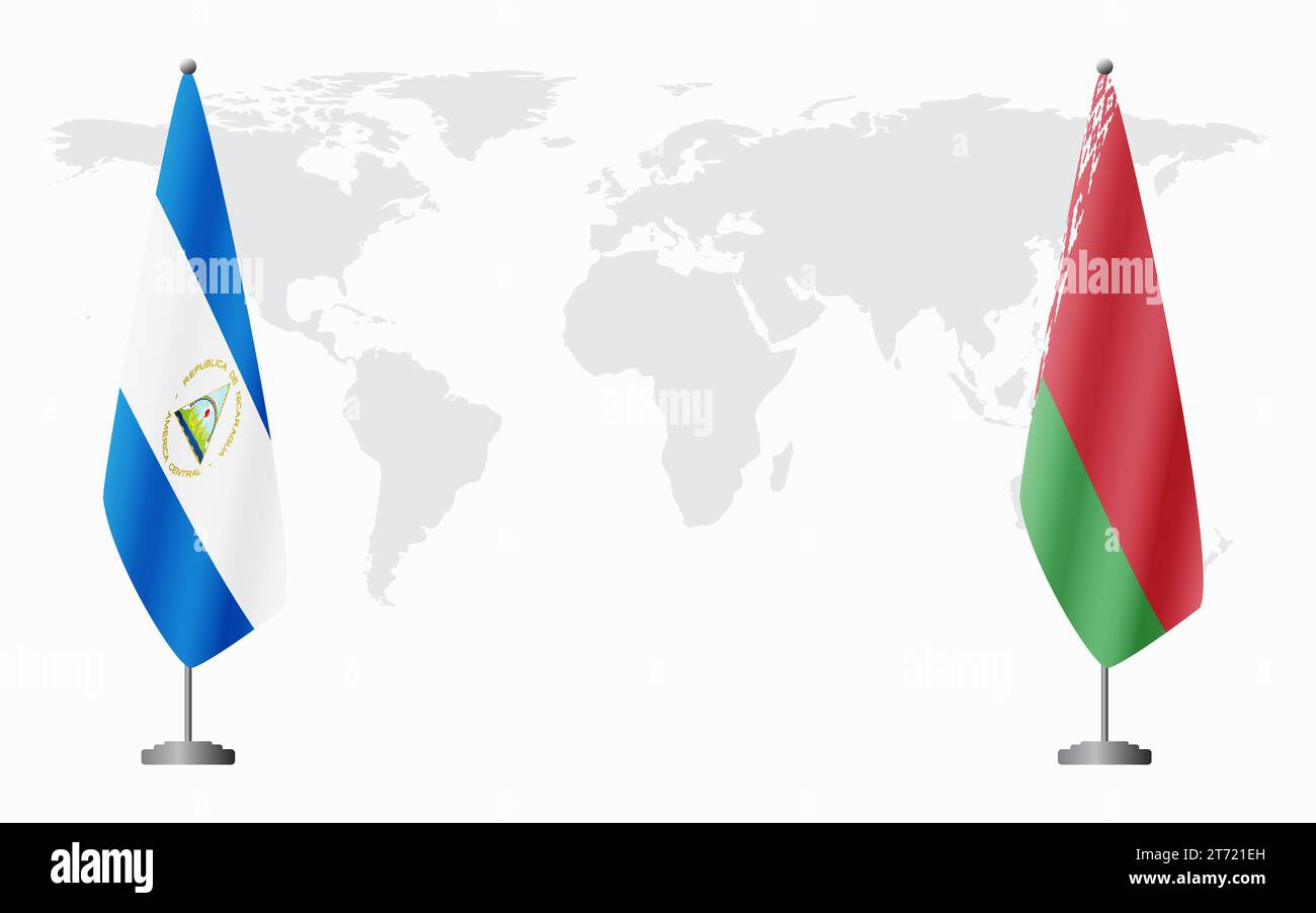 Bandiere nicaraguensi e bielorusse per incontri ufficiali sullo sfondo della mappa mondiale. Illustrazione Vettoriale