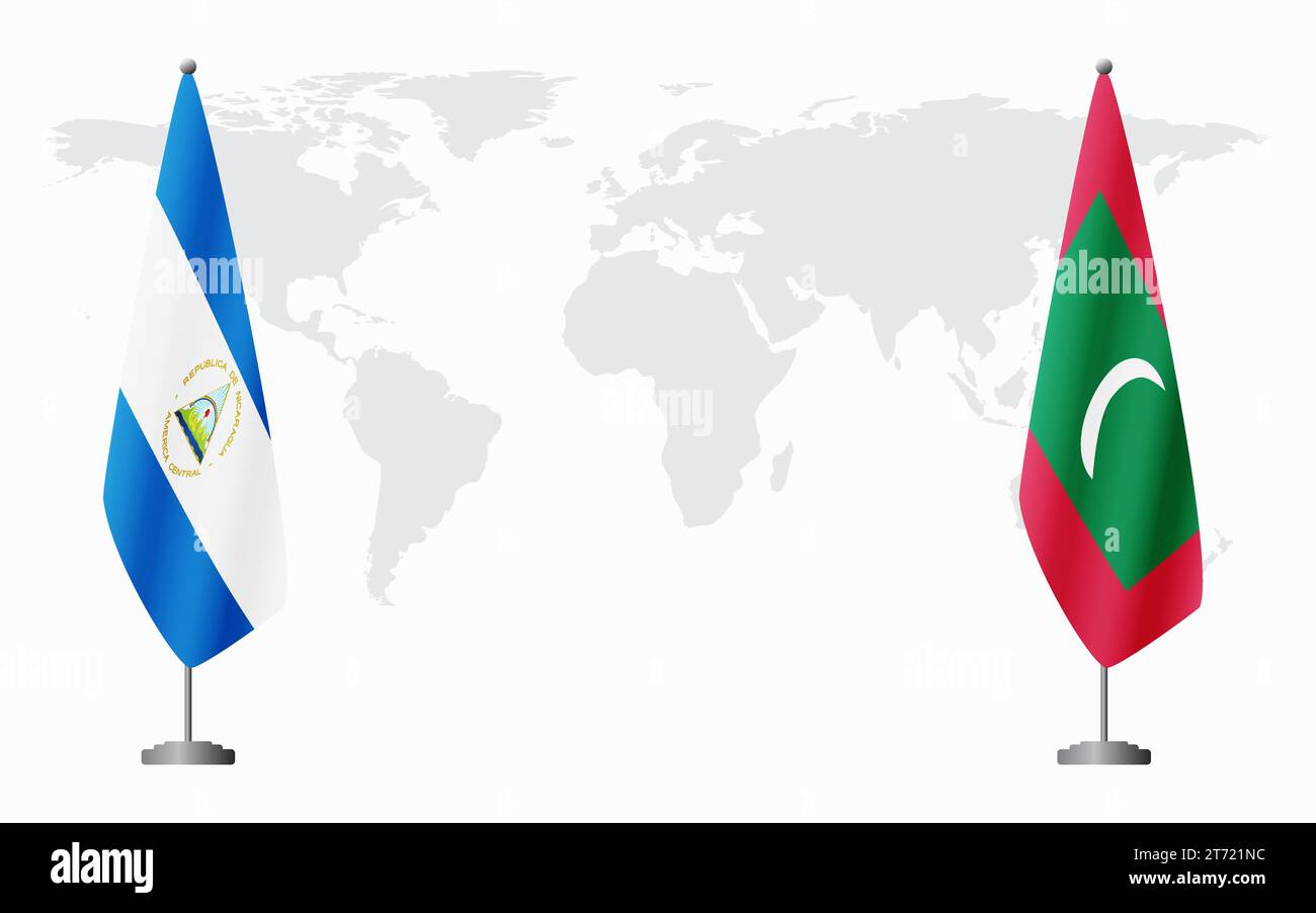 Nicaragua e Maldive bandiere per un incontro ufficiale sullo sfondo della mappa mondiale. Illustrazione Vettoriale