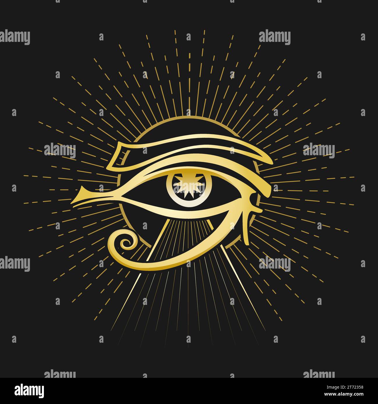 Antico simbolo egiziano di protezione potere e salute occhio di Horus isolato su sfondo nero. Iullustrazione vettoriale. Illustrazione Vettoriale