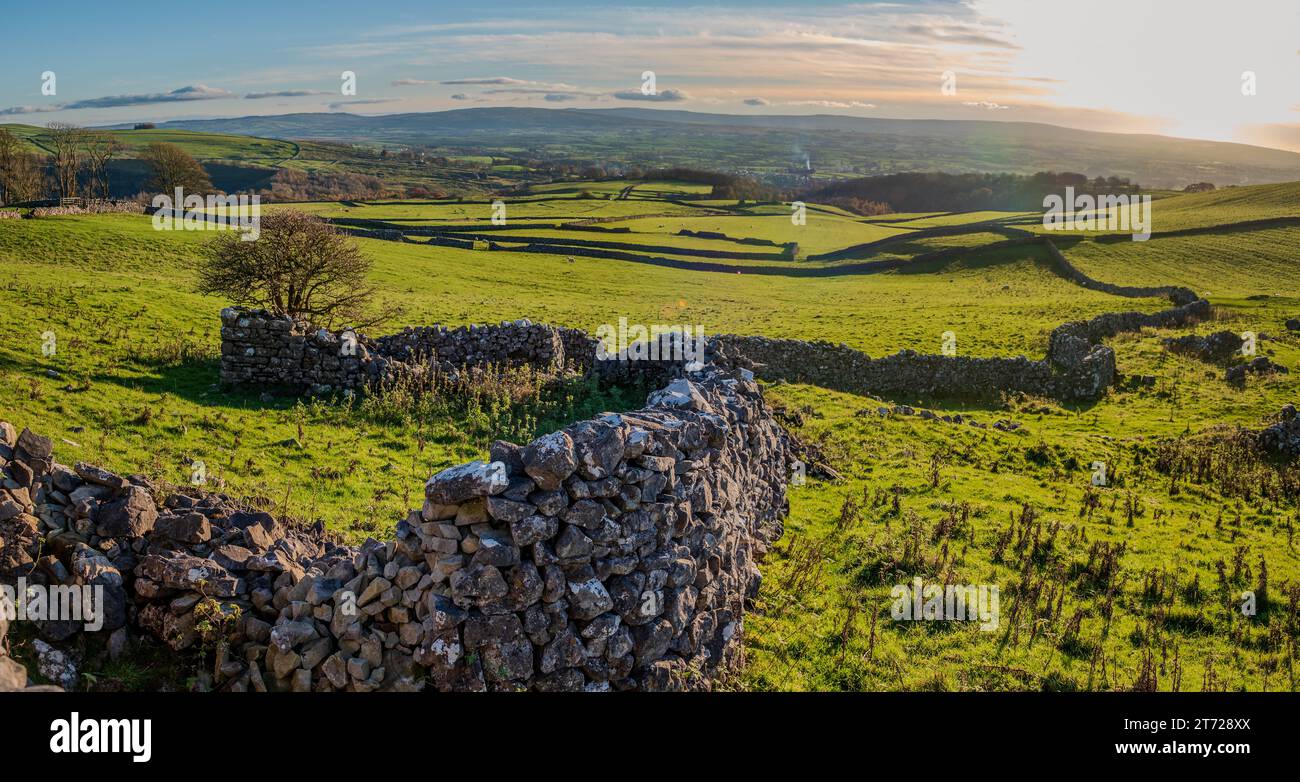 Una vista panoramica sulle valli del North Yorkshire a Ingleton con una lunga e tortuosa stonewall che si estende in lontananza. Foto Stock