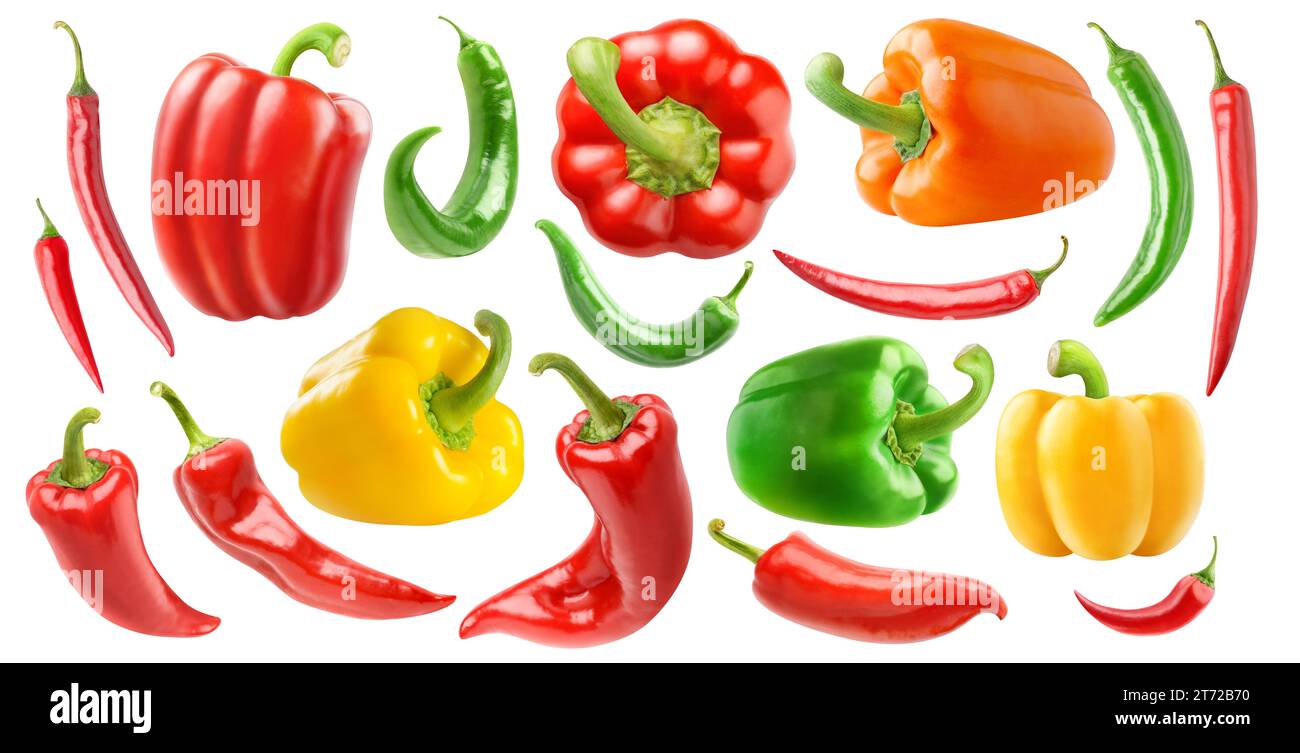 Varie specie di peperoni, raccolta isolata su fondo bianco Foto Stock