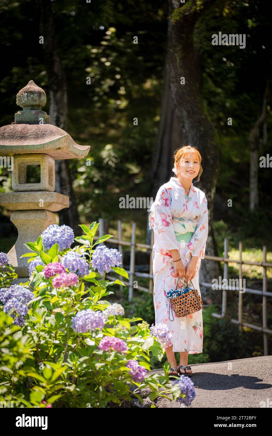 Ritratto di una giovane donna che indossa un kimono estivo yukata giapponese in un giardino di ortensie. Kyoto, Giappone. sfondo con sfocatura morbida. Foto Stock