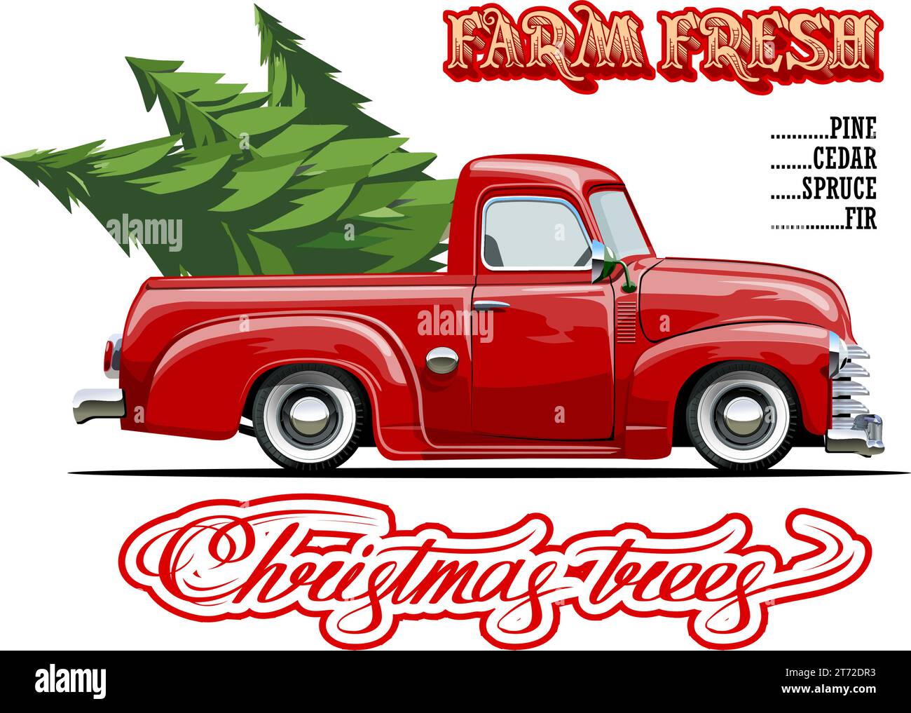 Cartello Vector vintage con albero di Natale su un camion rosso. Poster retrò degli alberi di Natale freschi della fattoria. Formato eps-10 disponibile separato da gruppi e la Illustrazione Vettoriale