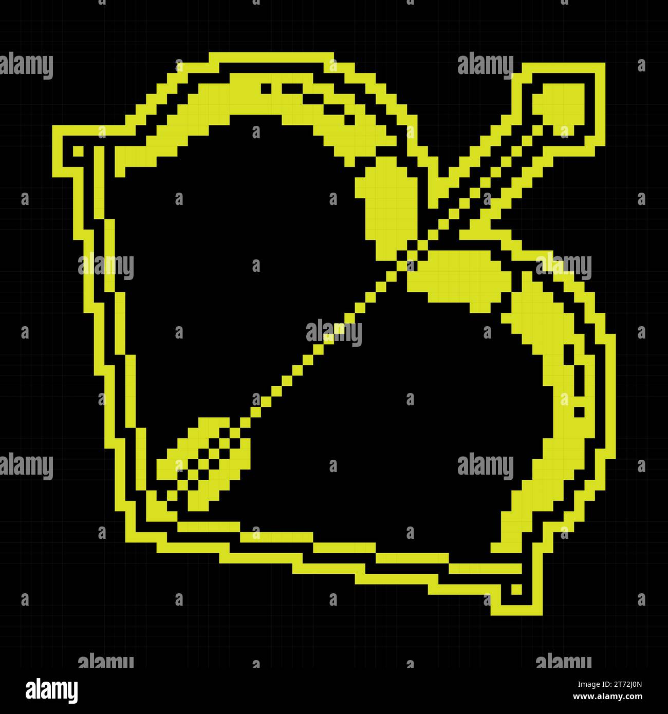 Icona silhouette pixel. Arco Cupido con titolo allungato e freccia con freccia a forma di cuore. San Valentino 14 febbraio. Semplice ve nero e giallo Illustrazione Vettoriale