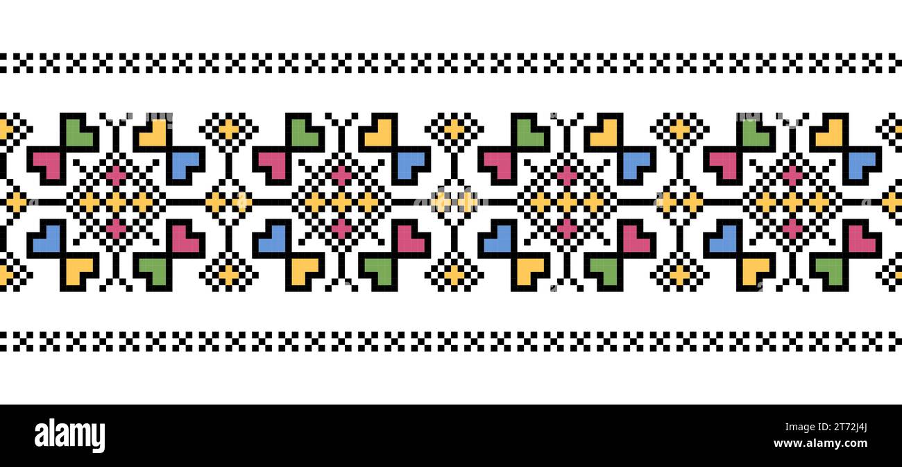 Modello ucraino di ricamo vettoriale per tessuti, tessuti, stoffe . Ricami colorati ucraini. Folk, pattern etnico, pixel art, vyshyvanka, cross Illustrazione Vettoriale