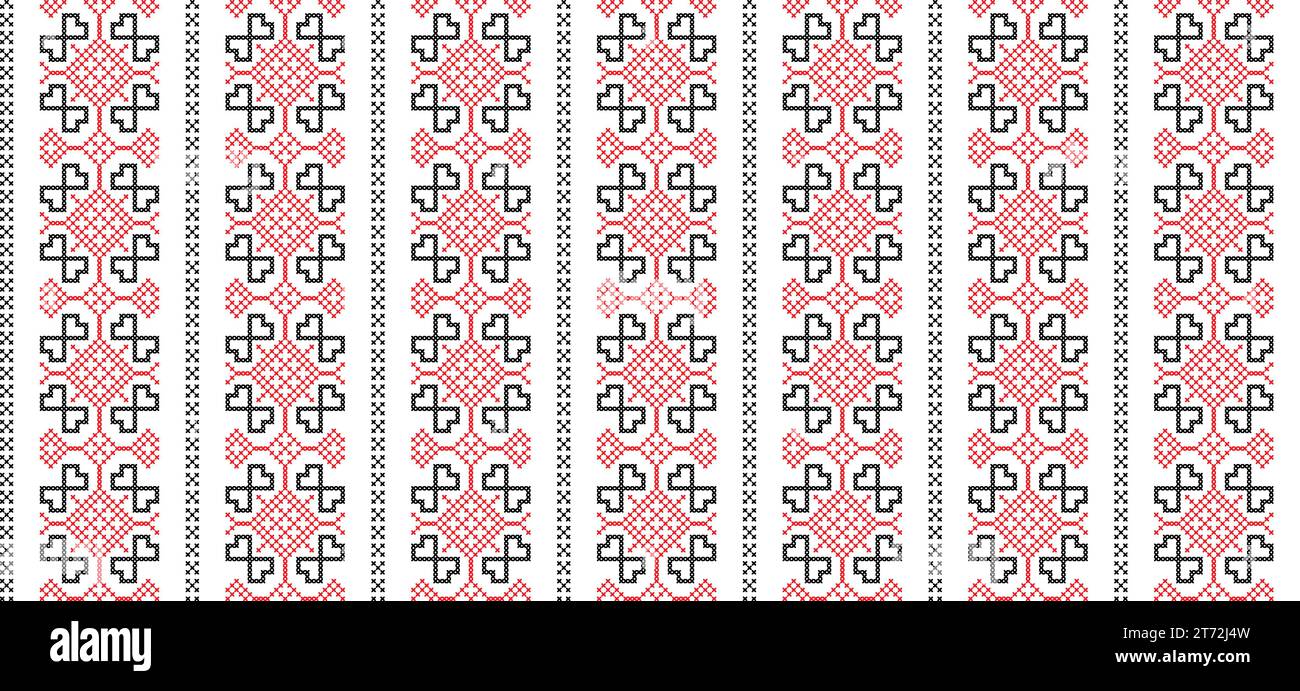 Motivo vettoriale ucraino senza cuciture. Decorazioni di colore nero e rosso. Motivo a righe verticali ucraino. Pixel art, vyshyvanka, croce Illustrazione Vettoriale