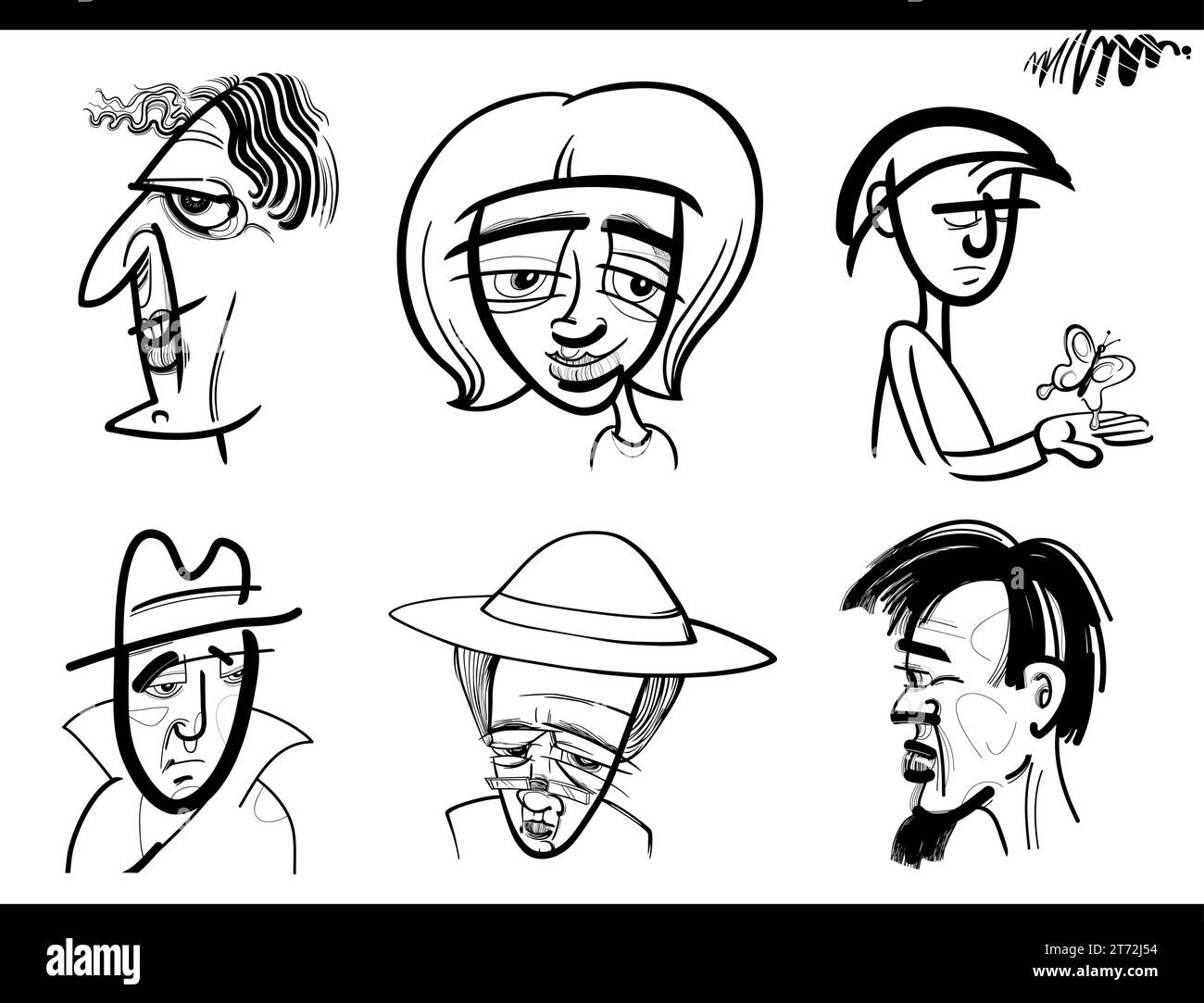 disegna il set di illustrazioni caricature dei fumetti della pagina di colorazione dei personaggi delle persone Illustrazione Vettoriale