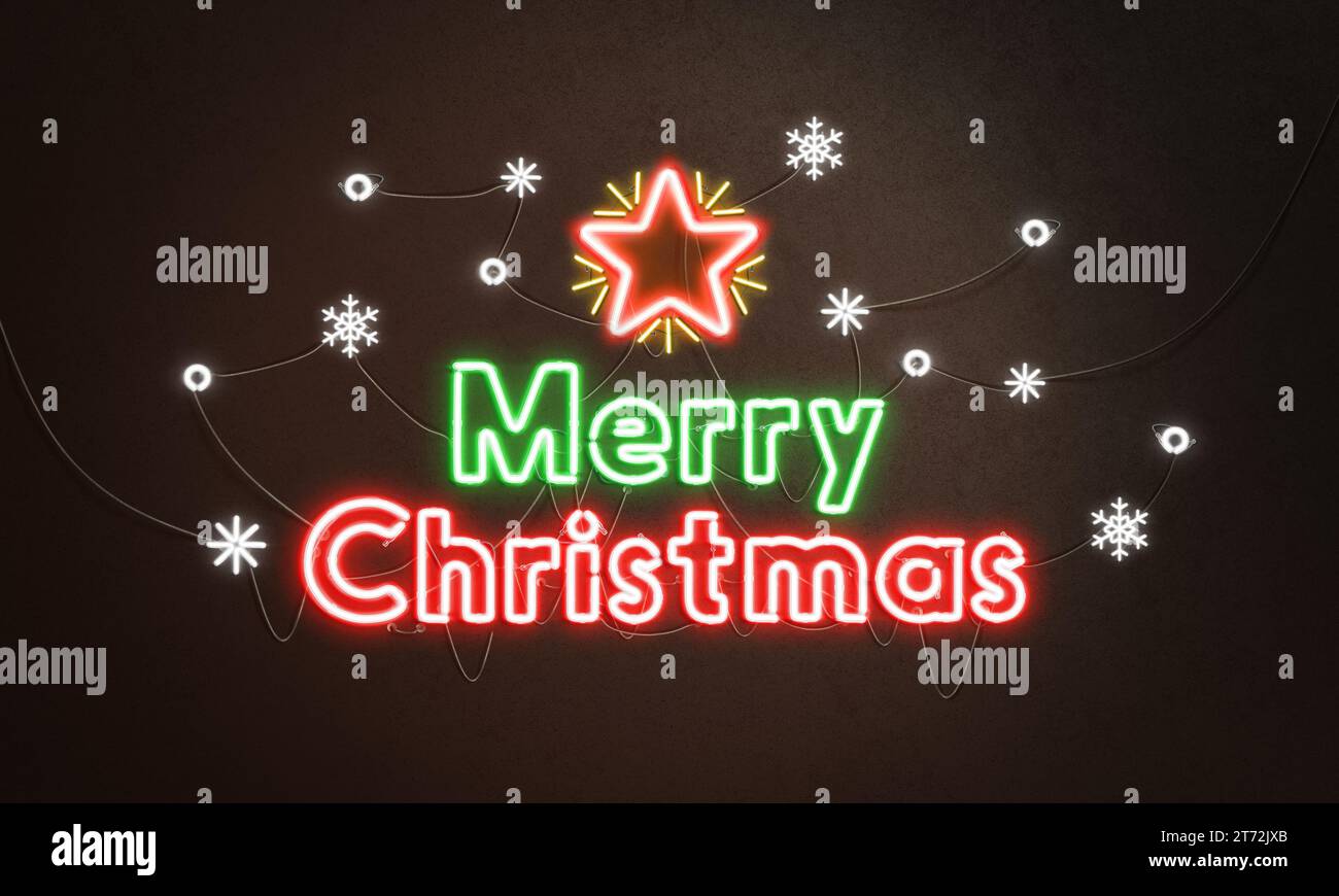 Cartello decorativo con neon natalizio su parete scura Foto Stock
