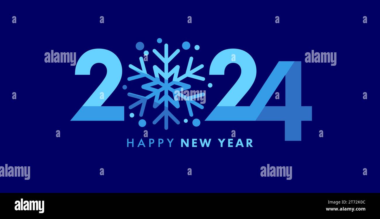 Carta tipografica felice anno nuovo 2024 con fiocco di neve creativo. Illustrazione vettoriale con cifre blu e fiocco di neve. Concetti per biglietti di auguri Illustrazione Vettoriale