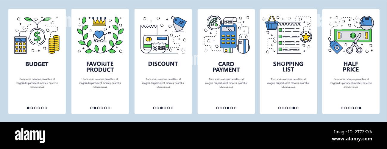 Schermate di inserimento dei siti Web. Acquisti, vendite e pagamento con carta di credito wireless. Modello di banner vettoriale per lo sviluppo di siti Web e app mobili. Mod Illustrazione Vettoriale