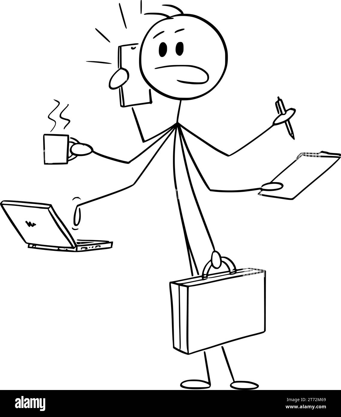 Uomo d'affari che lavora in multitasking con molte mani, illustrazione Vector Cartoon Stick Illustrazione Vettoriale