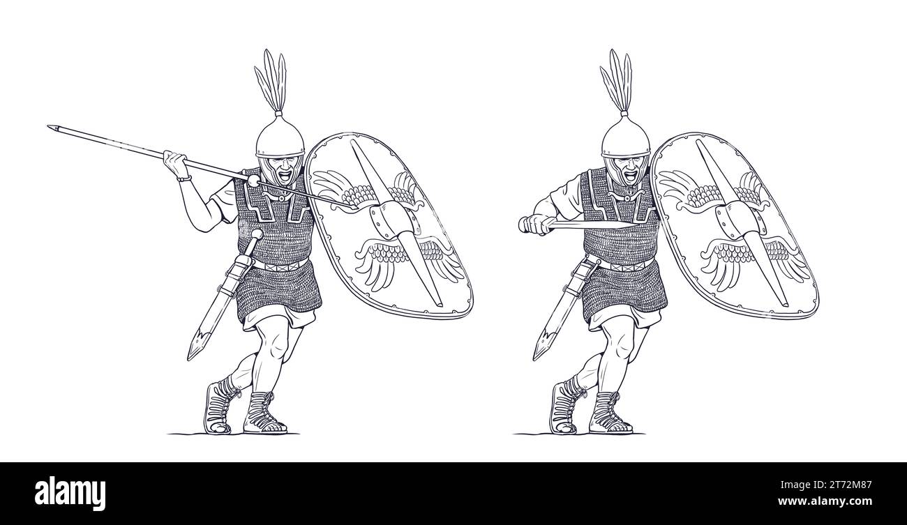 Legionari romani in battaglia. Guerre puniche. Disegni storici con soldati d'antiquariato. Foto Stock