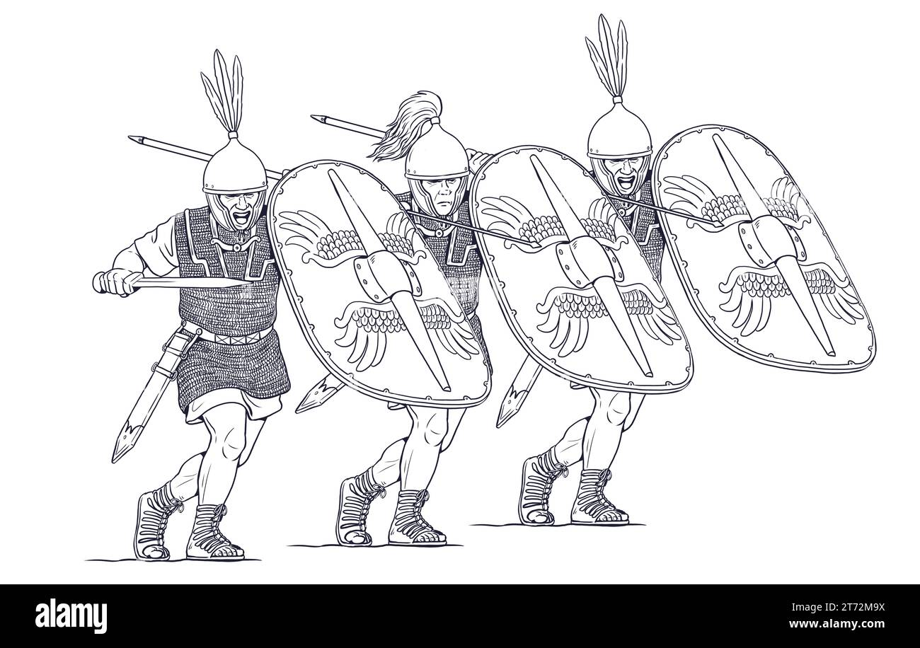 Legionari romani in battaglia. Guerre puniche. Disegni storici con soldati d'antiquariato. Foto Stock