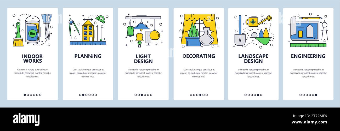 Schermate di inserimento dei siti Web. Piano di costruzione della casa, decorazione e riparazione dell'edificio. Modello di banner vettoriale per lo sviluppo di siti Web e app mobili Illustrazione Vettoriale