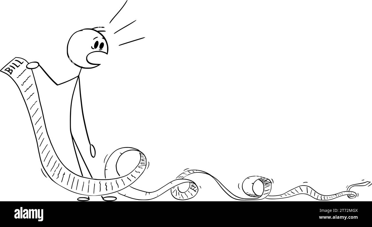 Persona scioccata e lettera di vettura lunga o ricevuta, illustrazione della figura del Cartoon Stick Vector Illustrazione Vettoriale