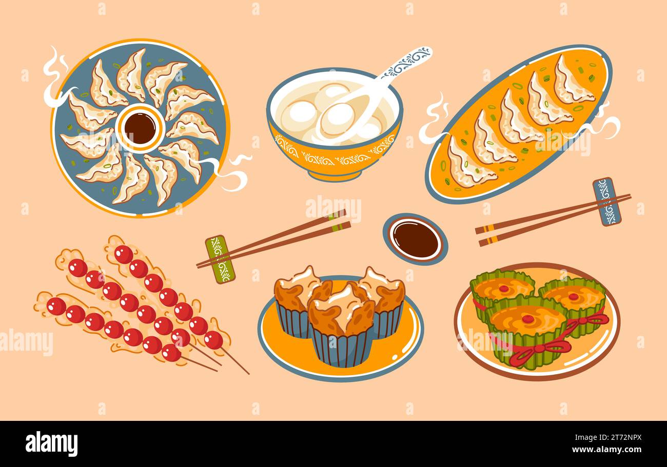 Cucina asiatica tradizionale per il capodanno cinese. Nian Gao, torta di riso. Fa Gao. Southern Rice Balls Ningbo. Palle da zuppa. Mucche candite. Jiaozi. gnocchi. taglia Illustrazione Vettoriale