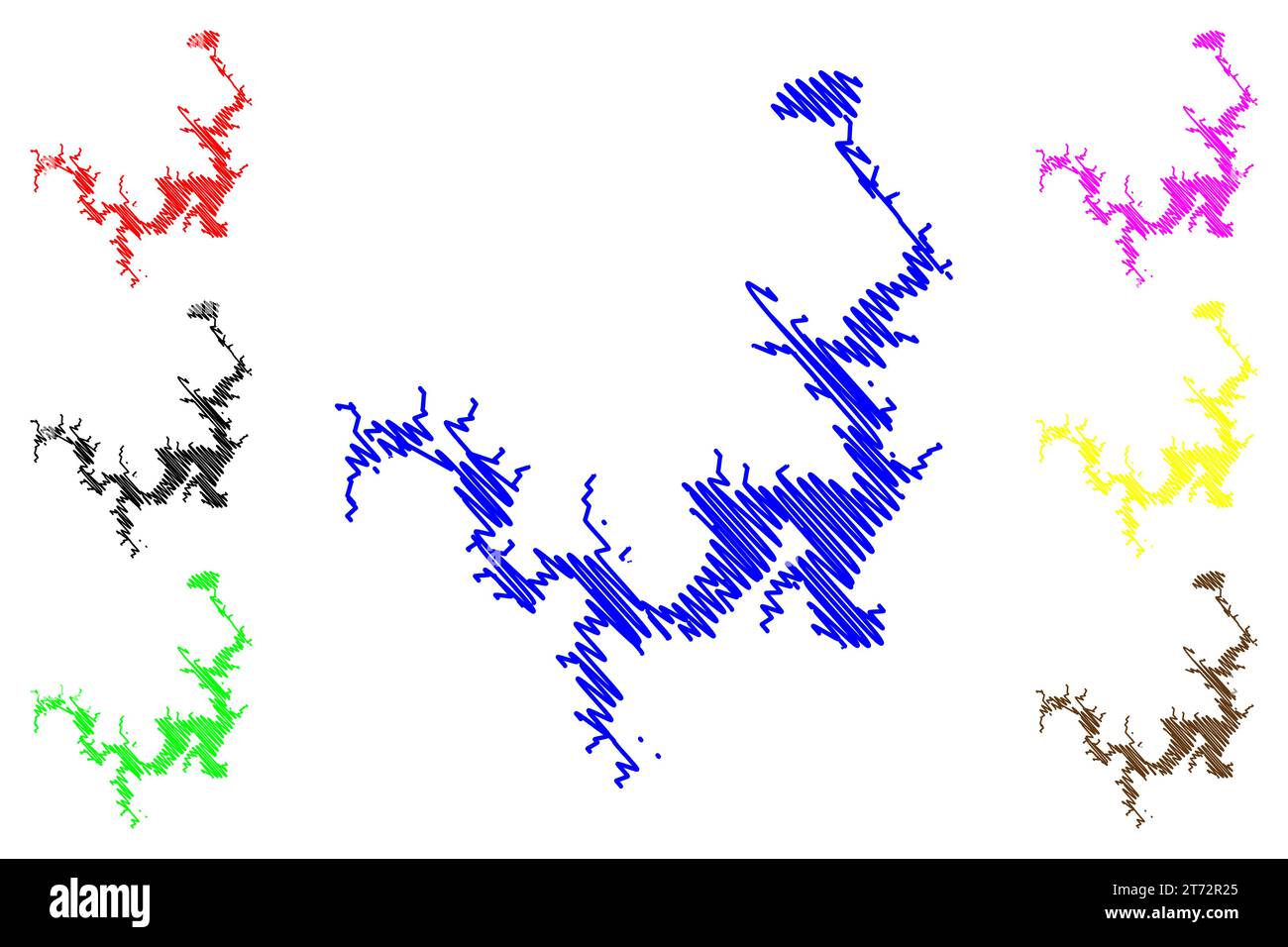 Lago Texoma serbatoio (Stati Uniti d'America, Nord America, Stati Uniti, stati uniti, Texas e Oklahoma) mappa vettore illustrazione, schizzo di schizzo Denison Dam mappa Illustrazione Vettoriale