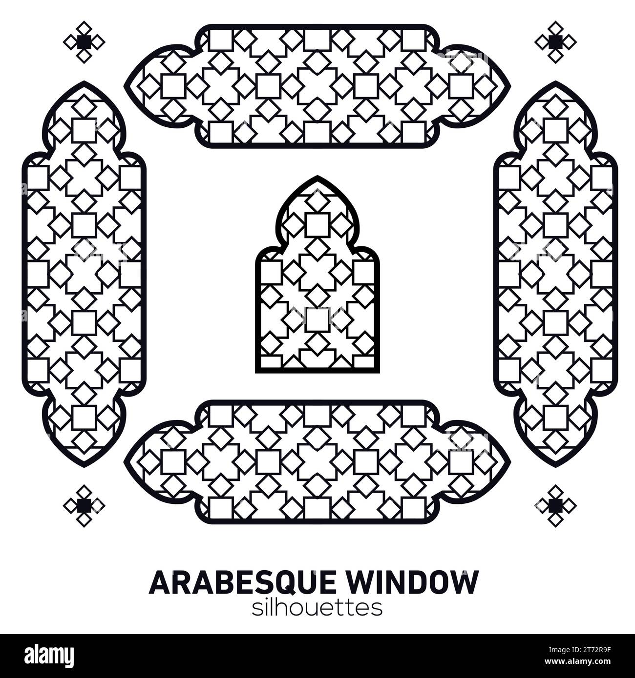 Sagome arabe per finestre. Simbolo vettoriale archi islamici tradizionali. Architettura tradizionale araba. Elemento di design Ramadan Kareem. Illustrazione Vettoriale