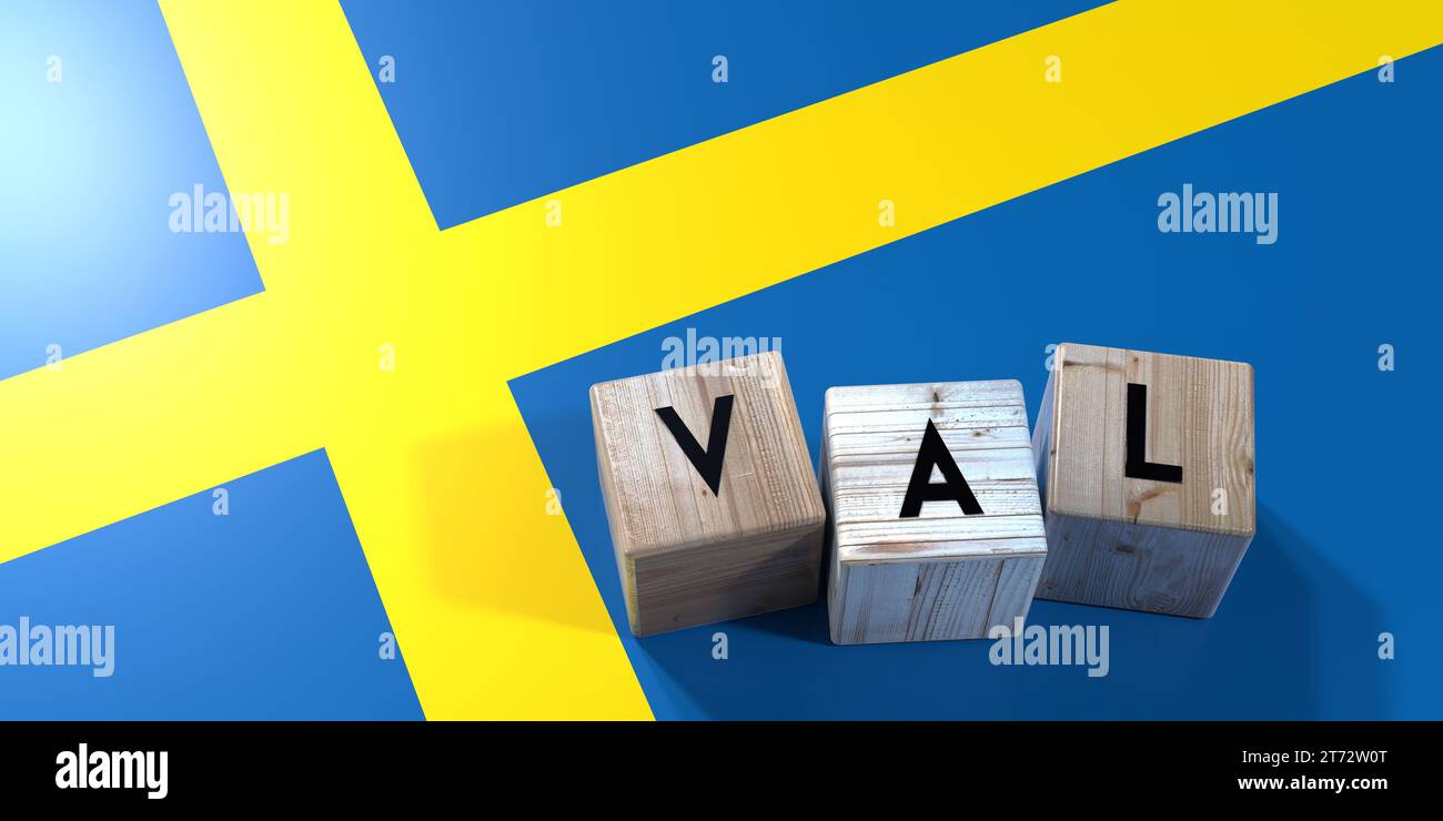 Svezia - concetto di elezioni - blocchi di legno e bandiera del paese - illustrazione 3D. Foto Stock
