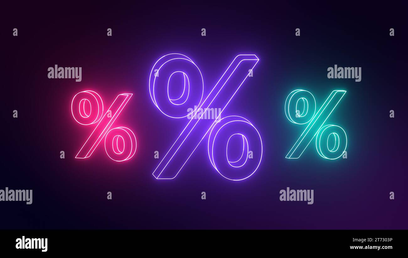 Segno percentuale di tre neon. Segno percentuale neon. Shopping online, vendita, offerta a prezzo scontato. Rendering 3D. Foto Stock