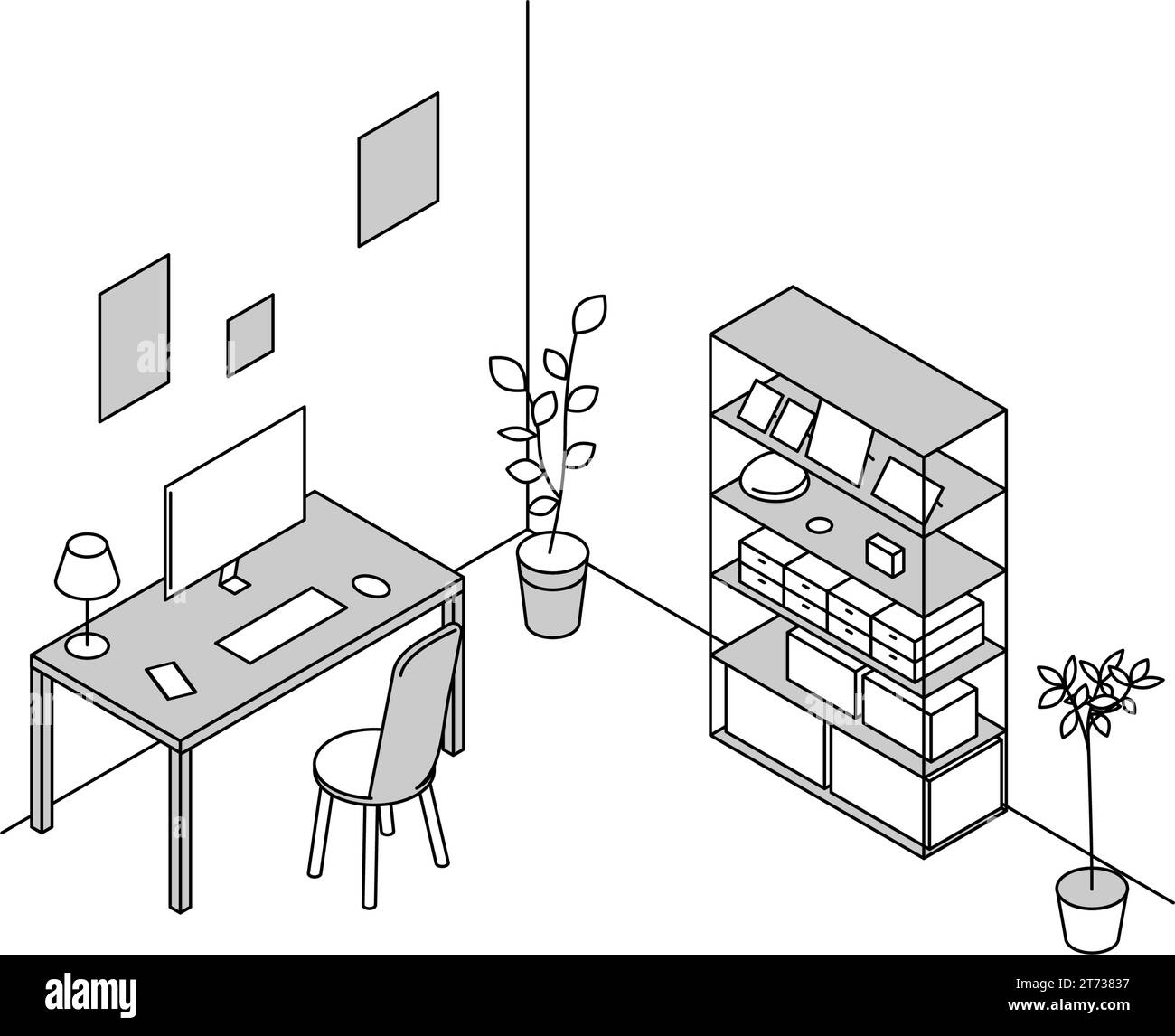 Stanza in affitto: Semplice isometrica di studio, scrivania e libreria, Vector Illustration Illustrazione Vettoriale