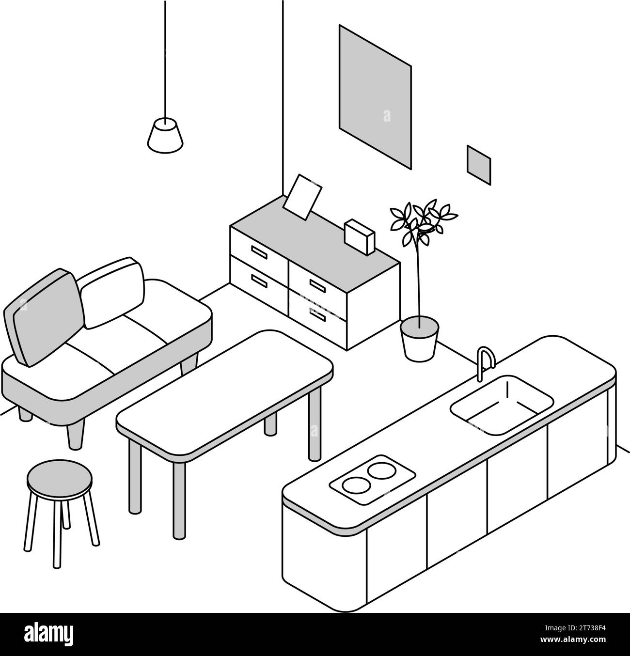 Stanza in affitto: Sala da pranzo, semplice isometrica con cucina a isola e tavolo da pranzo, Vector Illustration Illustrazione Vettoriale