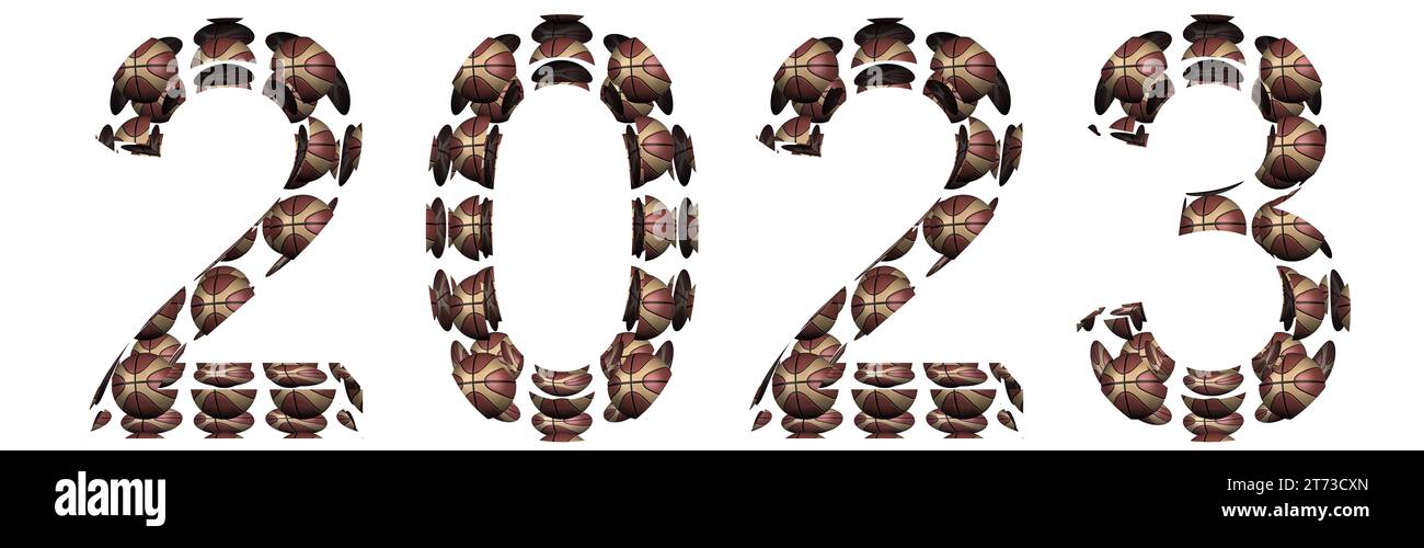 2023 anni concettuali realizzati con palline da basket isolate su sfondo bianco. Un'illustrazione 3D astratta come metafora del basket, dello sport Foto Stock