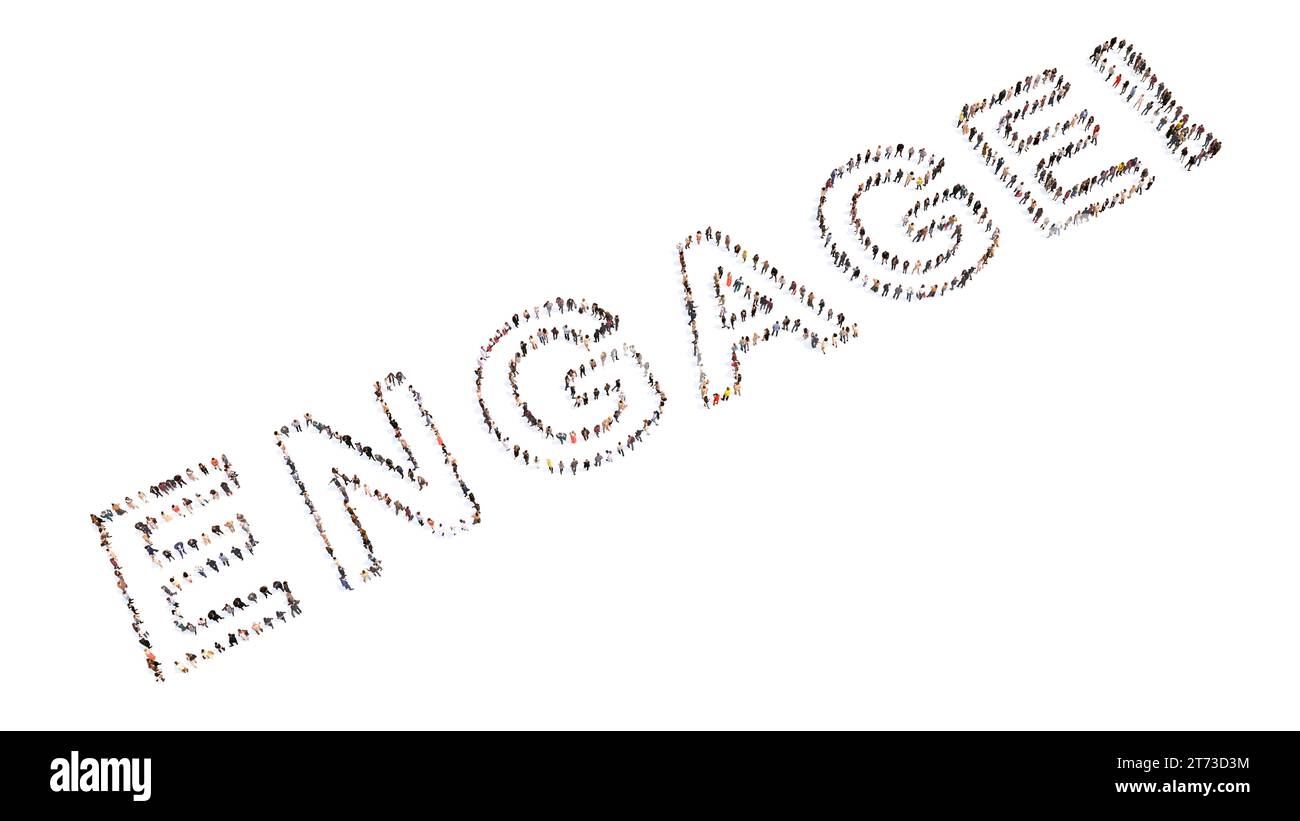 Concetto concettuale grande comunità di persone che formano la parola ENGAGE! 3d metafora illustrativa per azione, decisione, motivazione, strategia, promozione Foto Stock
