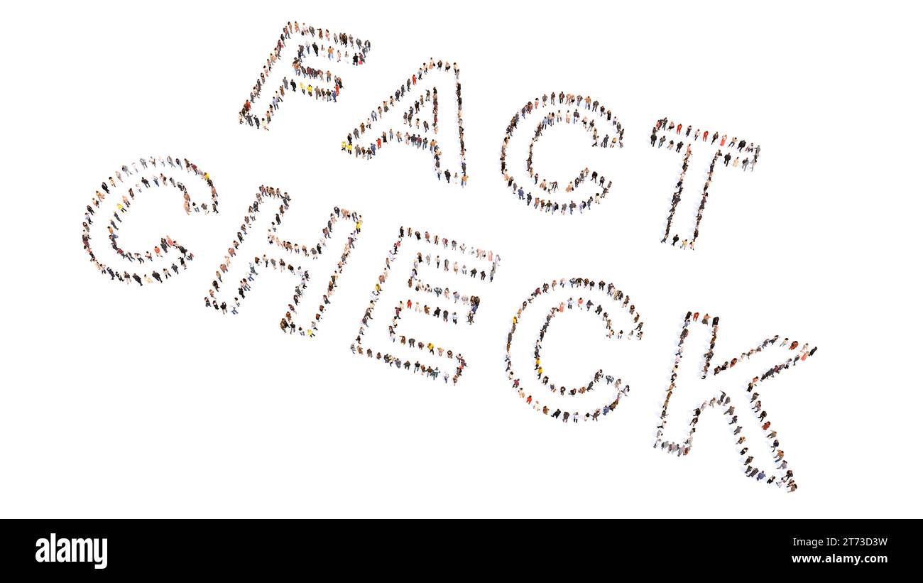 Comunità concettuale di persone che formano il worsd FACT CHECK. metafora dell'illustrazione 3d per ricerca, prove, affidabilità, verità, informazioni corrette Foto Stock