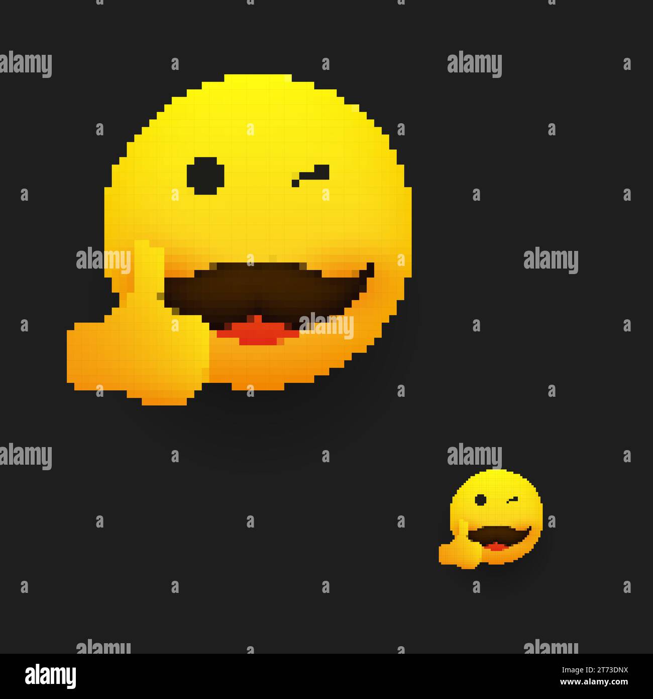 Emoji sorridente - emoticon semplice e felice con baffi che mostrano le pollici in alto - Design vettoriale piatto pixellato - Pixel Art Illustrazione Vettoriale