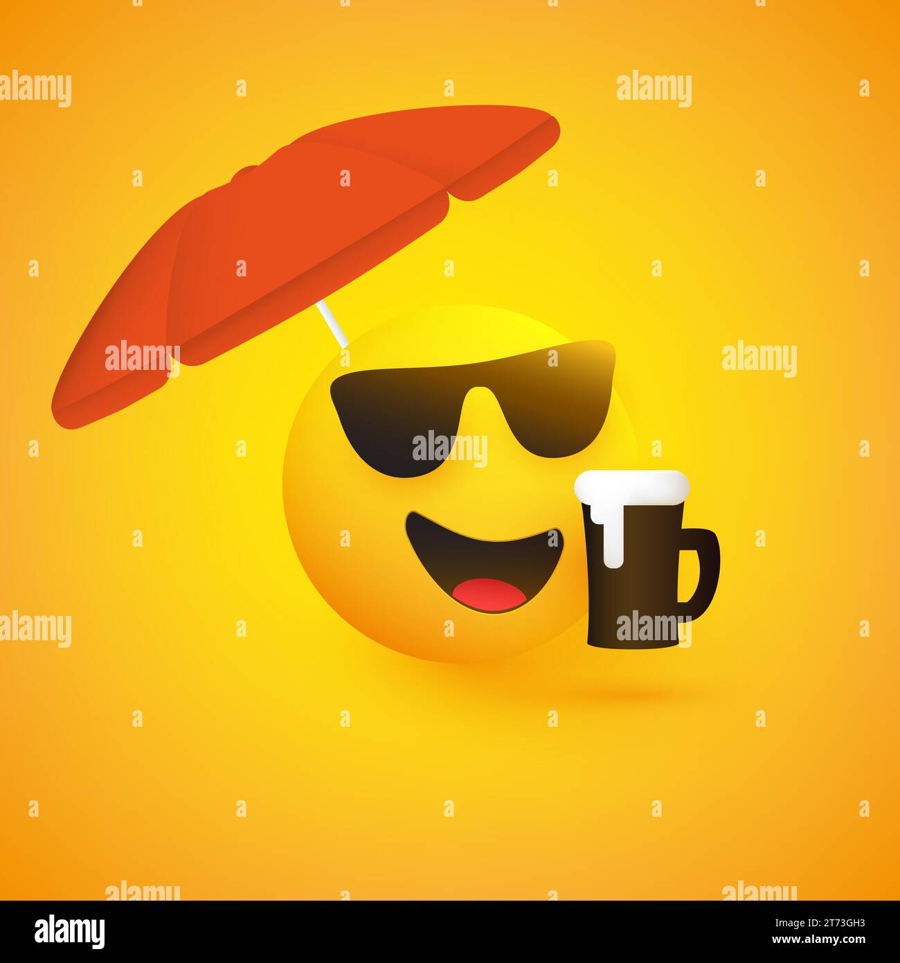 Emoji felice e sorridente stagione estiva con occhiali da sole, tazza da birra e parasole rosso - illustrazione vettoriale Illustrazione Vettoriale