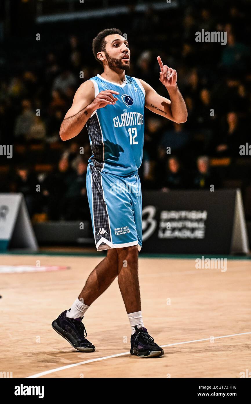 Patrick Whelan #12 dei Caledonia Gladiators durante la partita del British Basketball Championship Plymouth City Patriots vs Caledonia Gladiators al Plymouth Pavilions, Plymouth, Regno Unito, 3 novembre 2023 (foto di Craig Thomas/News Images) Foto Stock