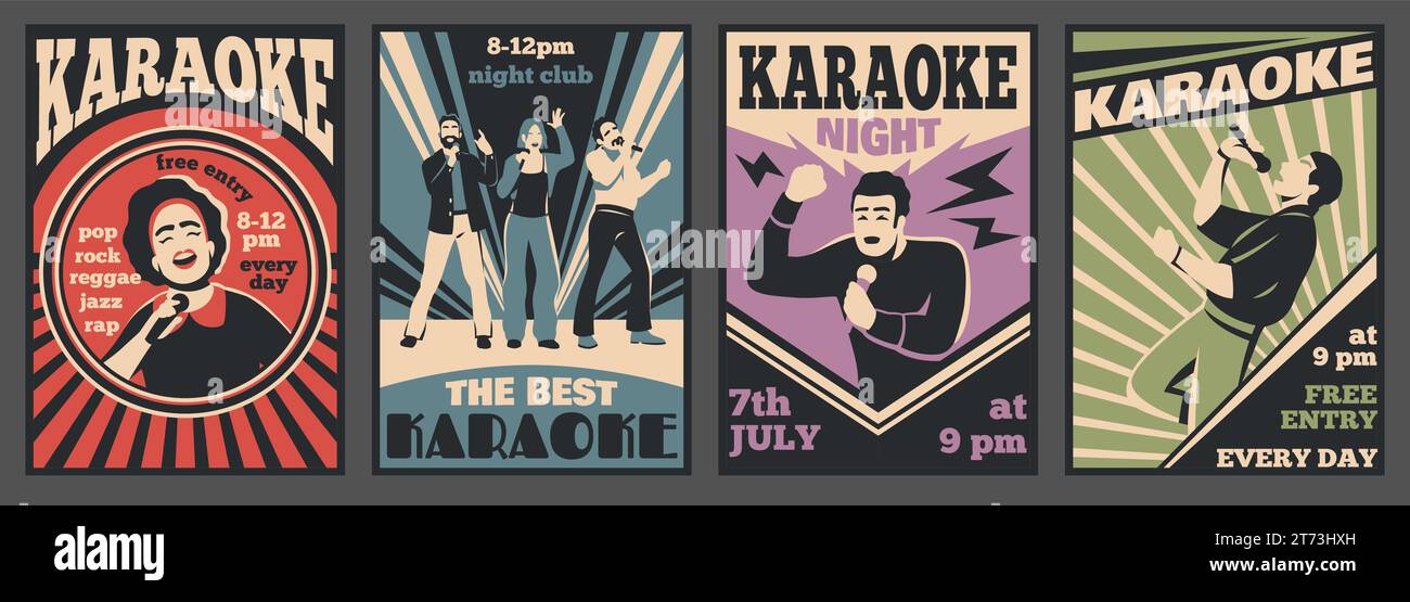 Carte del karaoke club. Design retrò, poster promozionale su invito, bar di cantanti di talento, festa di musica vocale, ragazzi e ragazze con microfoni, cartoni animati vintage Illustrazione Vettoriale