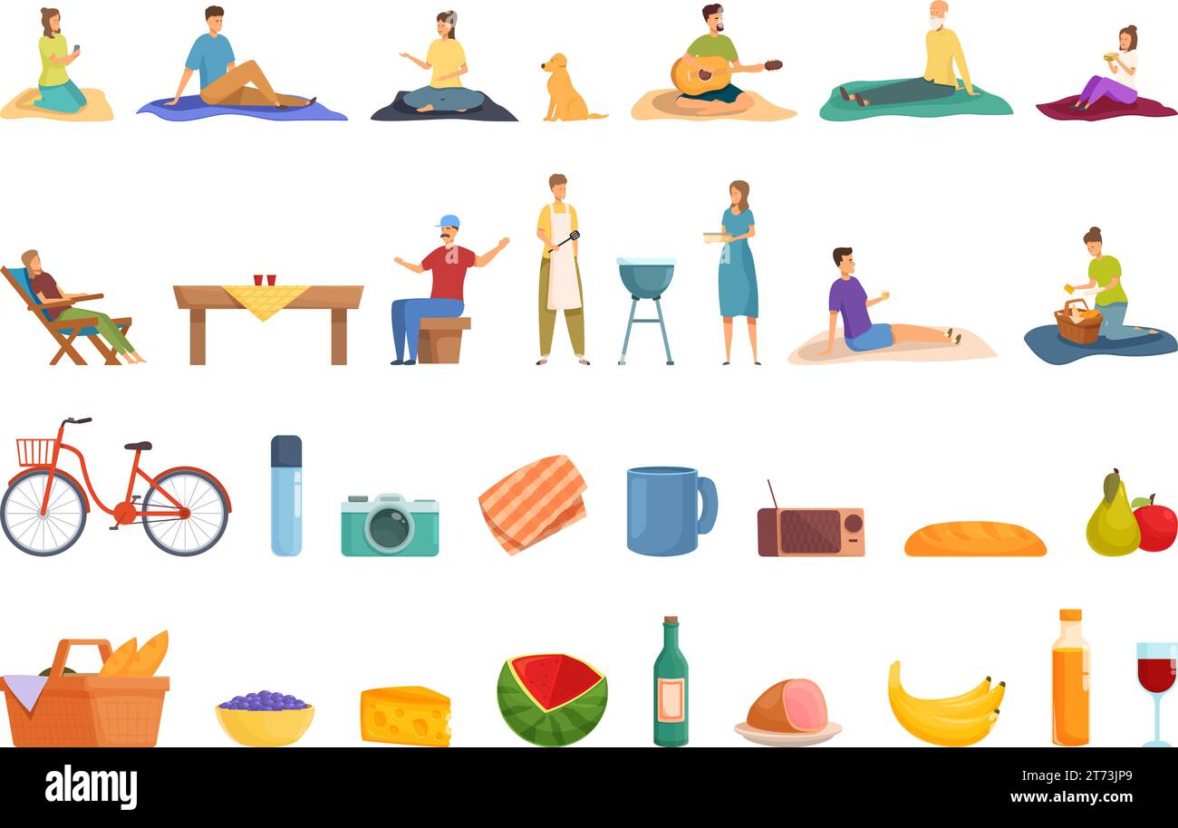Picnic nel parco cittadino con le icone dei cartoni animati. Cena servita sul prato. Radio Park City Illustrazione Vettoriale