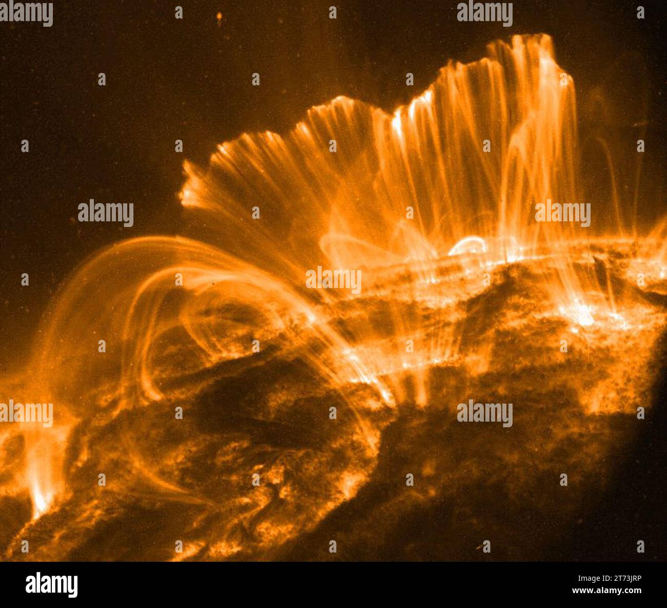 Spiegazione: In questa immagine, la superficie del Sole è abbastanza scura. Un fotogramma di un film registrato il 9 novembre dal telescopio orbitante TRACE, mostra Foto Stock