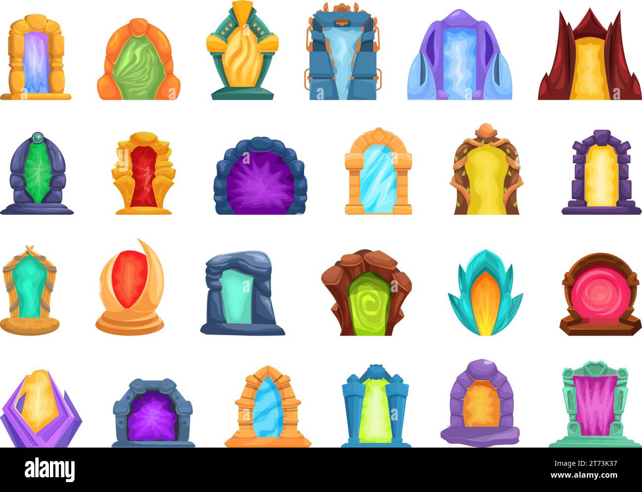 Le icone del portale magico impostano il vettore dei cartoni animati. Teletrasporto alieno. Livello di gioco Planet Illustrazione Vettoriale