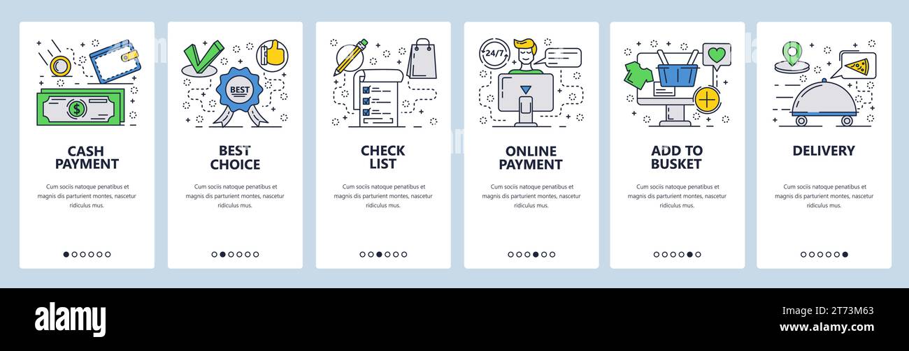 Modello per schermate di inserimento grafica lineare del sito Web vettoriale. Pagamenti di denaro online e acquisti. Banner di menu per lo sviluppo di siti Web e app mobili. Moder Illustrazione Vettoriale