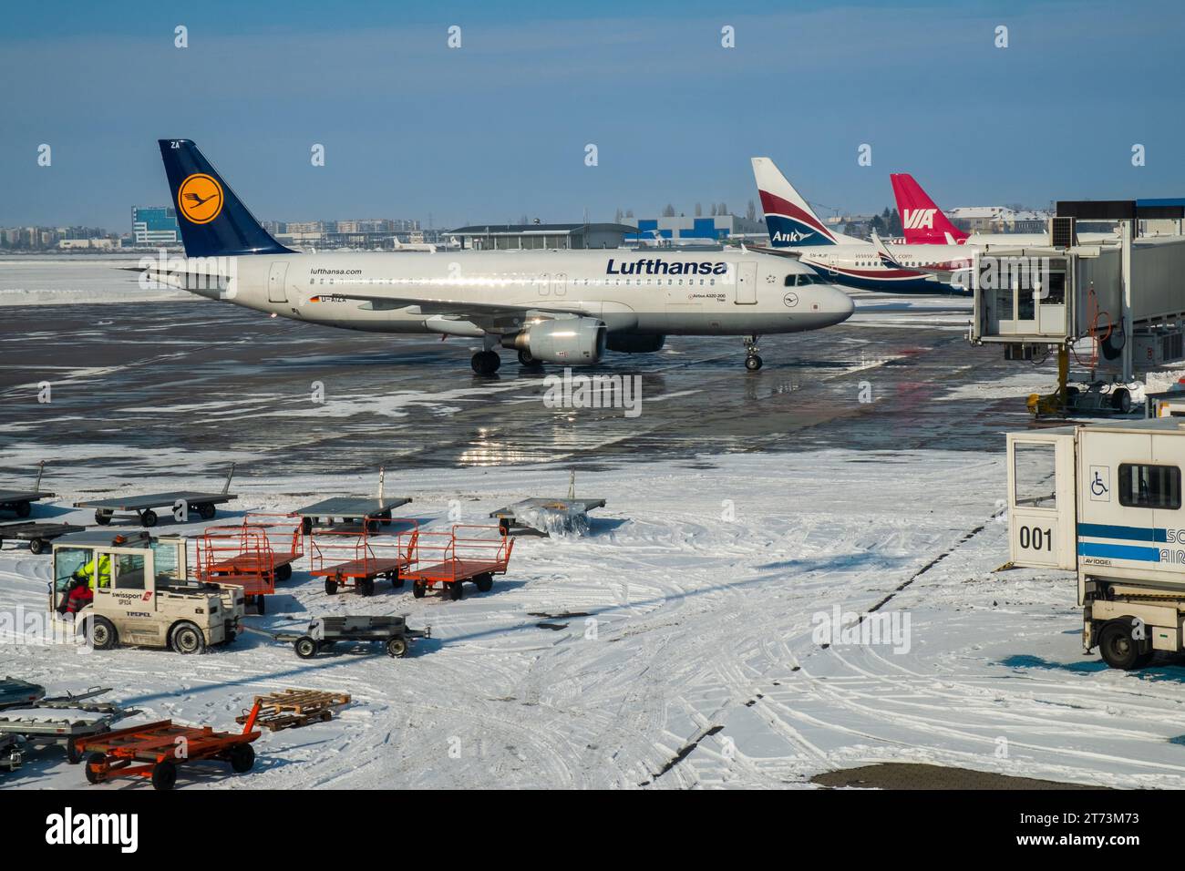 Aeroporto di Sofia, Bulgaria, gennaio 27 2014, aerei allineati ai cancelli nella neve invernale dell'aeroporto di Sofia Foto Stock