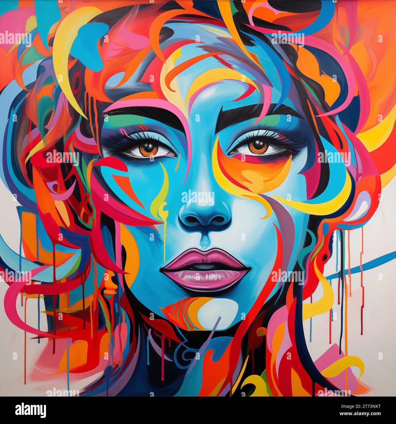 presenta un ritratto surreale e vibrante del volto di una donna, avvolto da un vortice di sfumature vorticose e vivaci. Foto Stock
